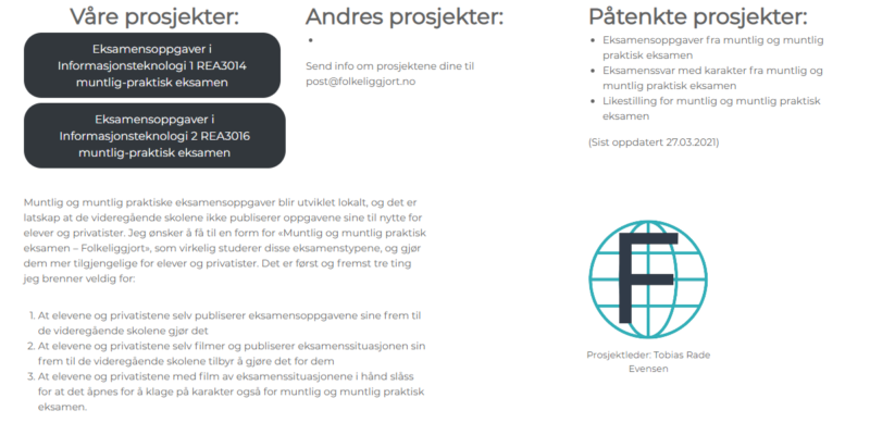 Bilde av siden til prosjektet "Muntlig og muntlig praktisk eksamen – Folkeliggjort"
